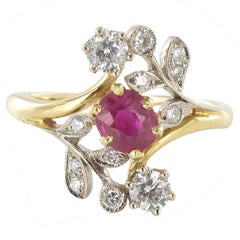 French Floral Design Ruby Diamond Gold Ring
