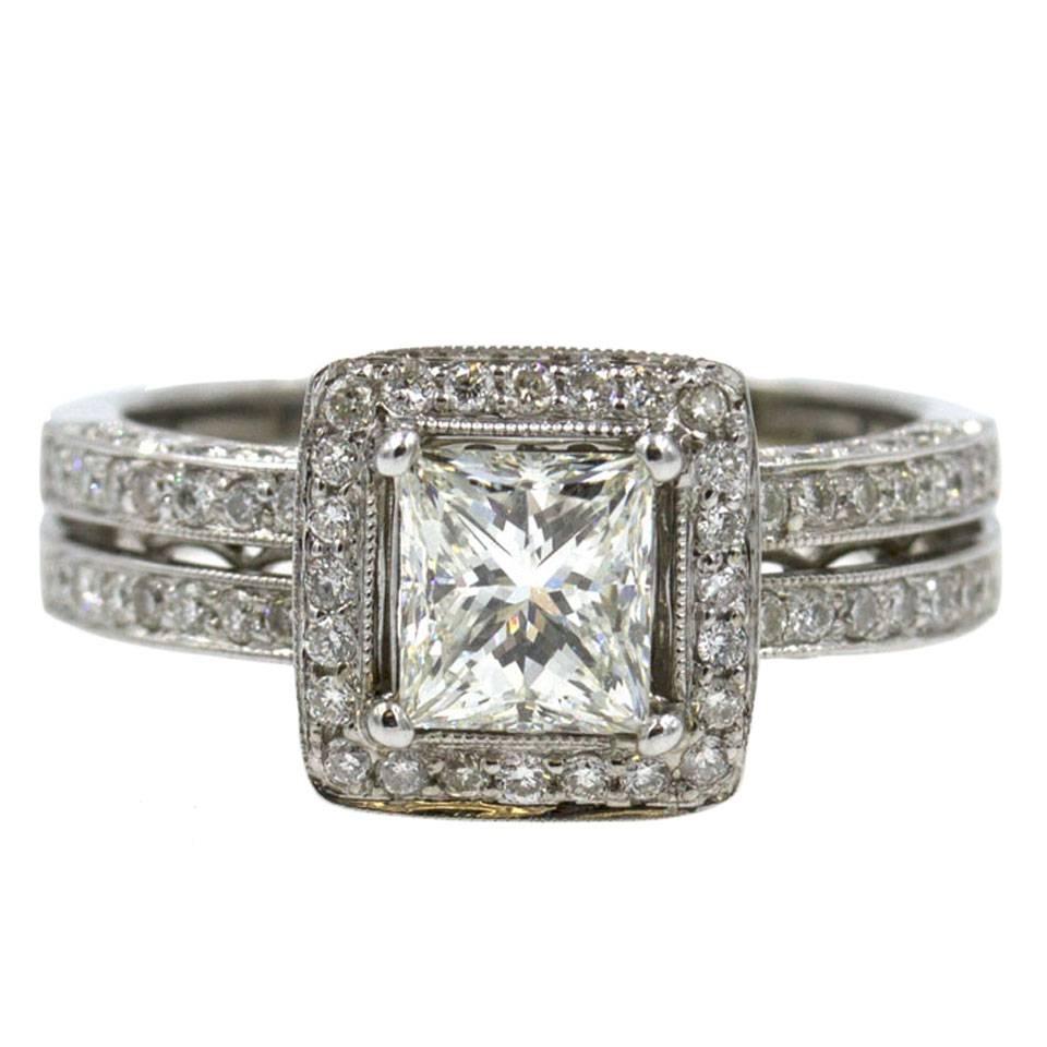 1 Carat Princess Cut Diamond Halo Engagement Ring GIA Certificate I/VS2