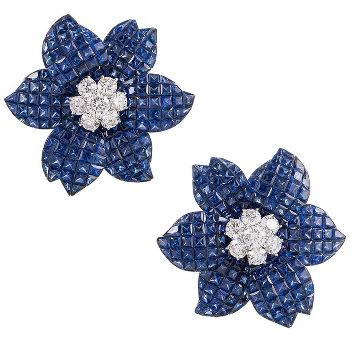 62.44 Carat Invisibly Set Sapphires Diamonds White Gold Flower Earrings