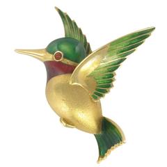 Retro 1960s French Enamel Gold Hummingbird Brooch