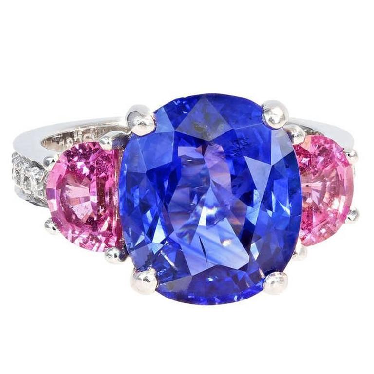 7.10 Carat GIA Ceylon Sapphire Pink Sapphire Platinum Three Stone Ring ...