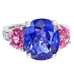 7.10 Carat GIA Ceylon Sapphire Pink Sapphire Platinum Three Stone Ring