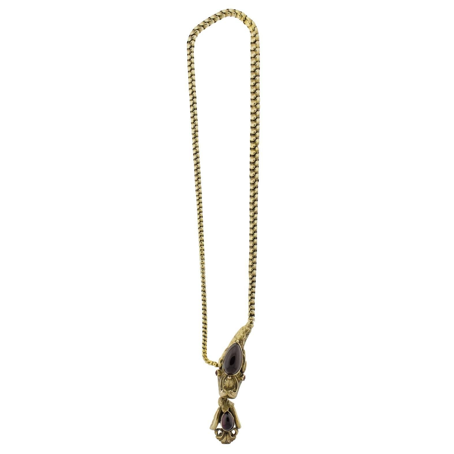 Exquisite Victorian Garnet Gold Snake Necklace For Sale