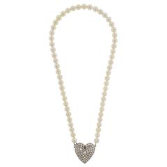 1950s Lovely Cultured Pearl Diamond Gold Heart Necklace 5