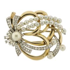 Retro Cultured Pearl Diamond Gold Platinum Brooch 10