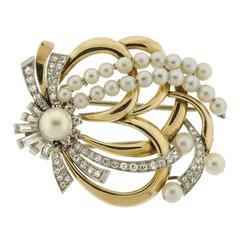 Retro Cultured Pearl Diamond Gold Platinum Brooch