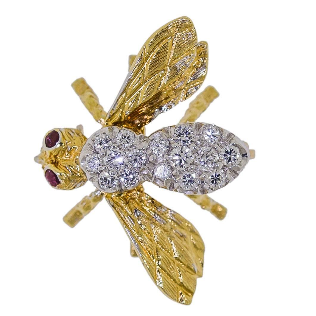 Adorable Herbert Rosenthal Ruby Diamond Gold Petite Bee Brooch