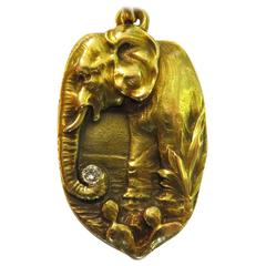 1916 Phenomenal Antique Russian Diamond Gold Elephant Charm Pendant
