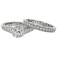 1.57 Carat GIA Cert Diamond Gold Engagement Ring and Wedding Band Set