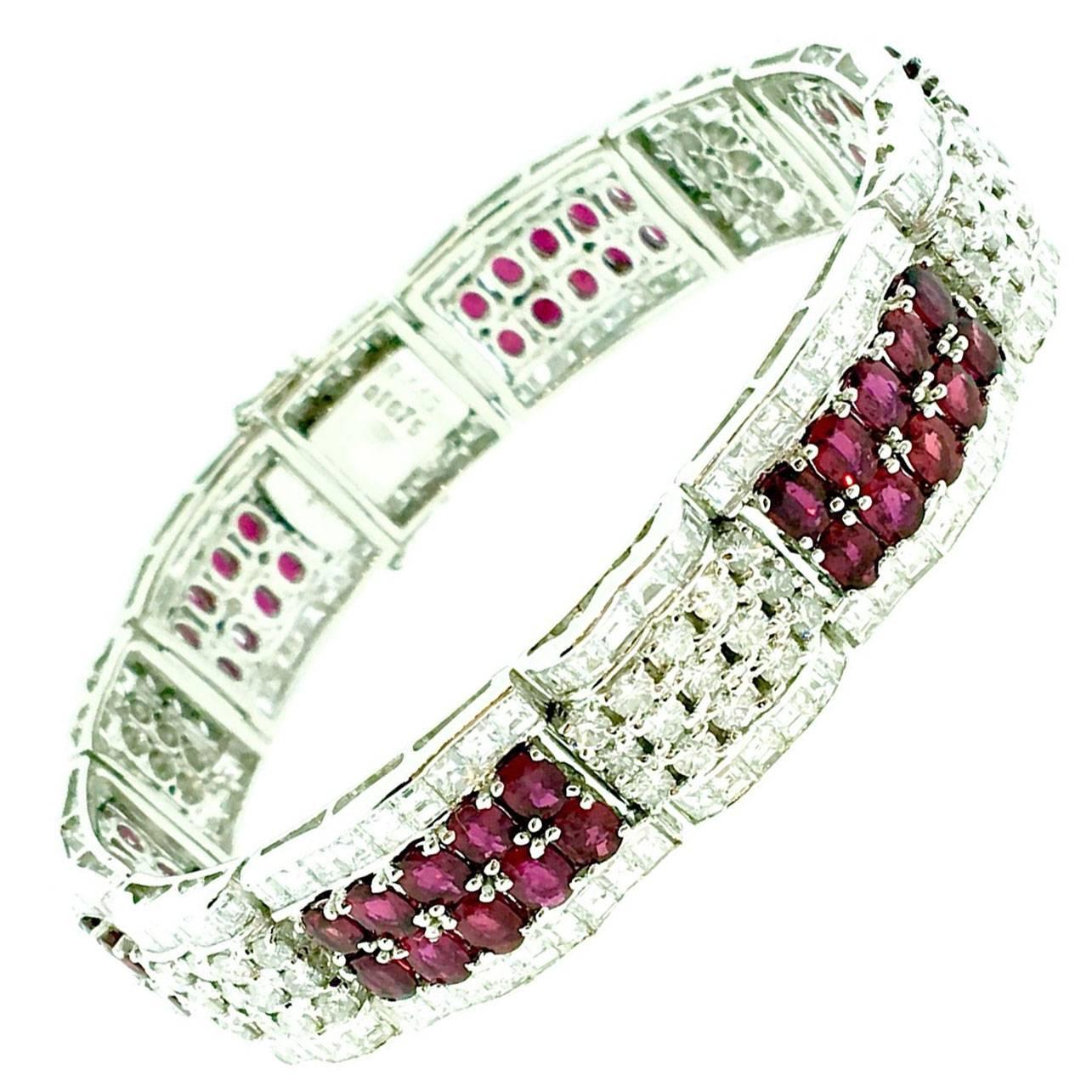 Ruby Diamond Platinum Wide Statement Bracelet  For Sale