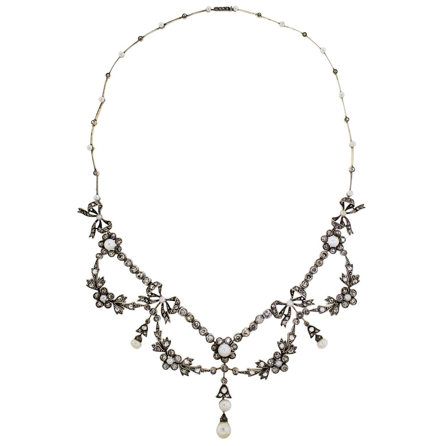 Victorian Pearl Diamond Silver Topped Gold Garland Necklace For Sale