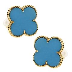 Van Cleef & Arpels Boucles d'oreilles Magic Alhambra en or et turquoise