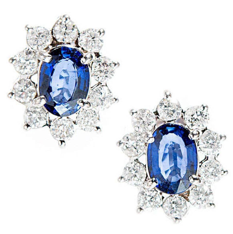 Oval Sapphire Diamond Halo Gold Earrings