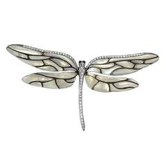 Dragonfly Mother of Pearl Diamond Gold Brooch 
