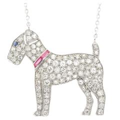 Art Deco Ruby Diamond Platinum Terrier Dog Pendant