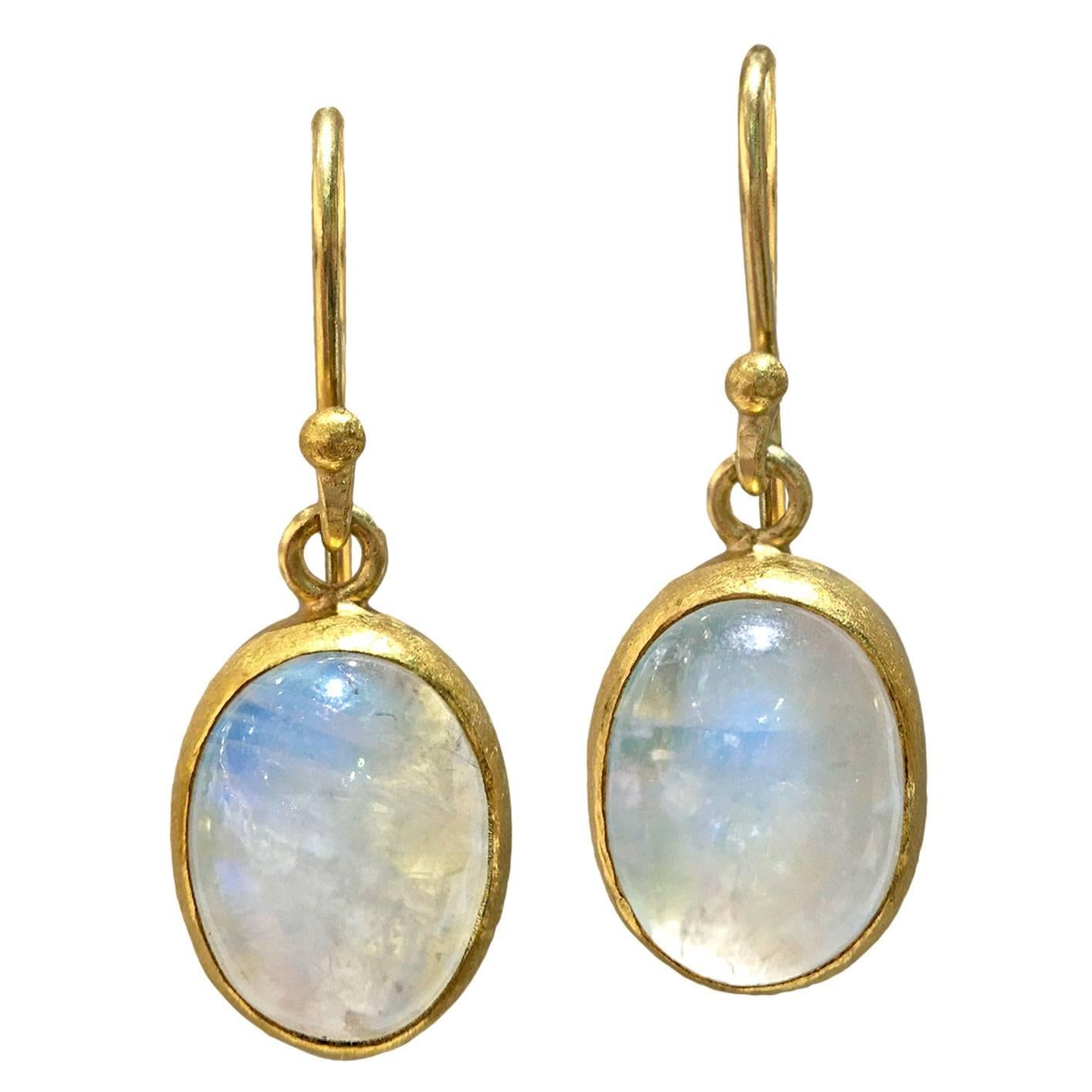 Petra Class Blue Moonstone Cabochon Handmade Gold Drop Dangle Earrings