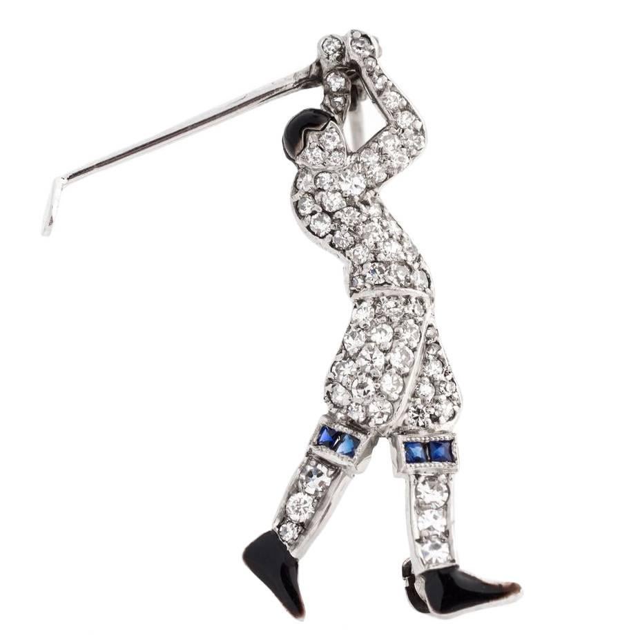 1920er Jahre Art Deco Tiffany & Co. Platin, Diamant- Golfer-Anstecknadel im Angebot