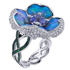 Opal Spinel Tsavorite Garnet Diamond Gold Flower Ring 11