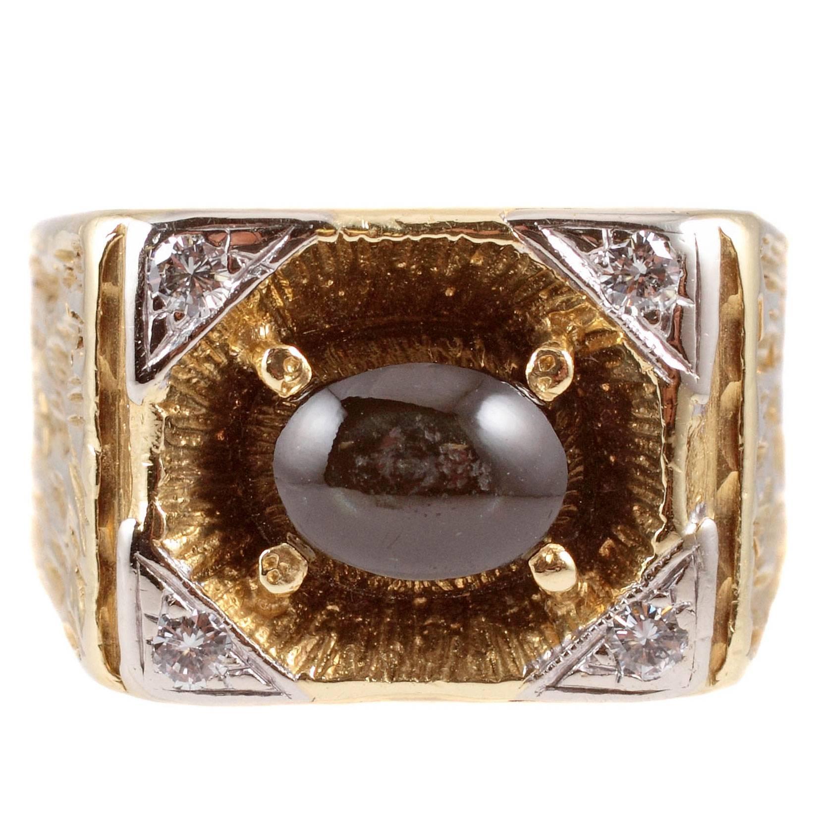 Black Sapphire and Diamond Ring in 18 Karat Two Tone Gold