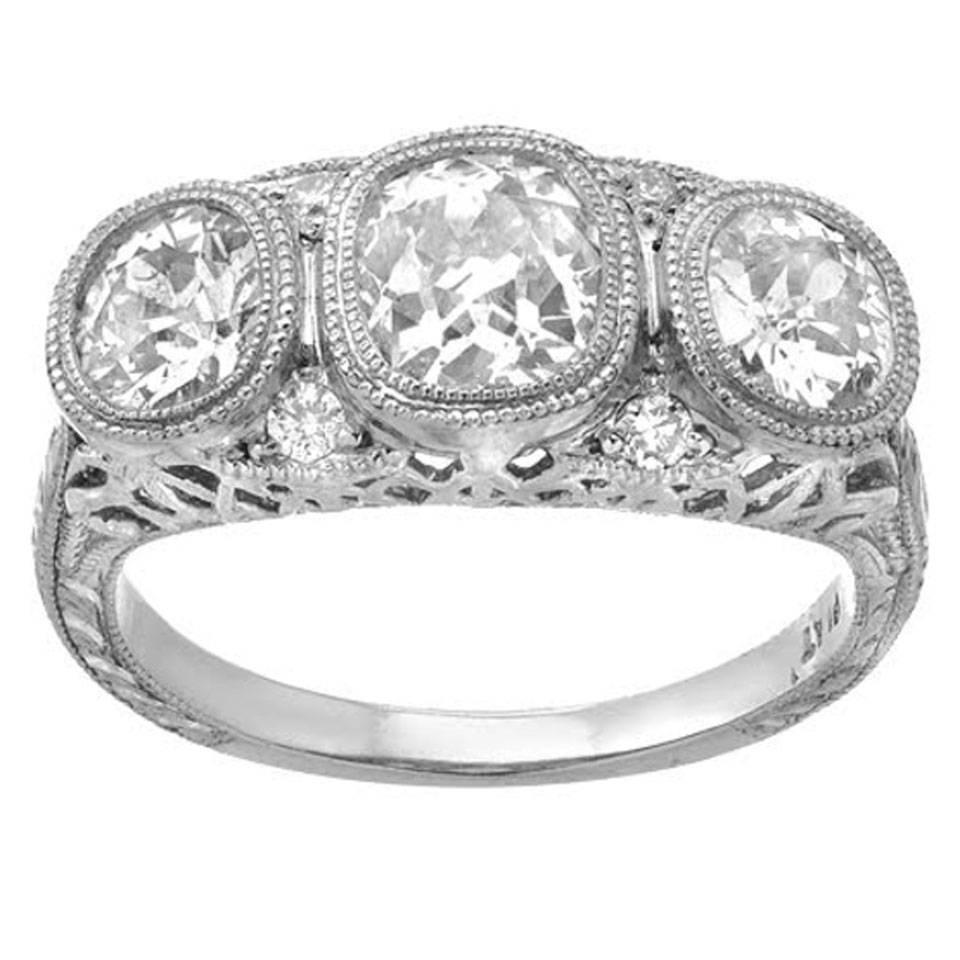 Art Deco European Cut Diamond Platinum Three-Stone Ring For Sale
