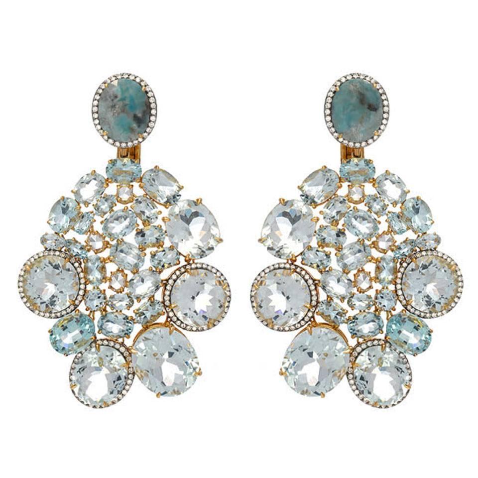 Boucles d'oreilles en goutte en or, aigue-marine et diamant