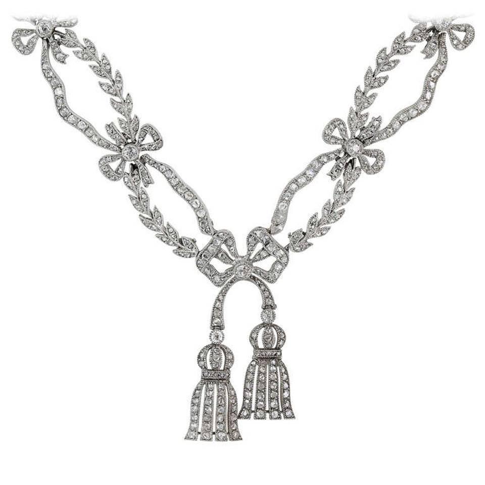 Antique Edwardian Belle Epoque Garland Style Diamond Platinum Ribbon Necklace For Sale