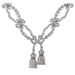 Antique Edwardian Belle Epoque Garland Style Diamond Platinum Ribbon Necklace