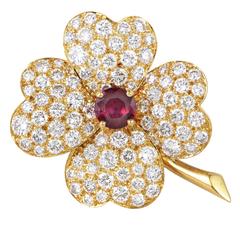 Vintage Van Cleef & Arpels Cosmos Ruby Diamond Gold Pendant Brooch