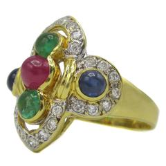 1980s Gold Diamond Ruby Sapphire and Emerald Ring ` 9