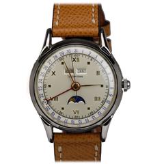 Leonidas Stainless Steel Triple Date Calendar Moon Phase Day Date Wristwatch