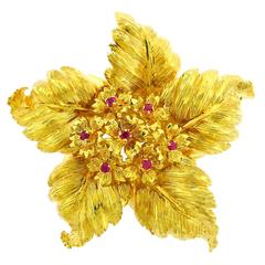 2 Inch Hand-Assembled and Hand-Engraved Ruby Gold Flower Brooch