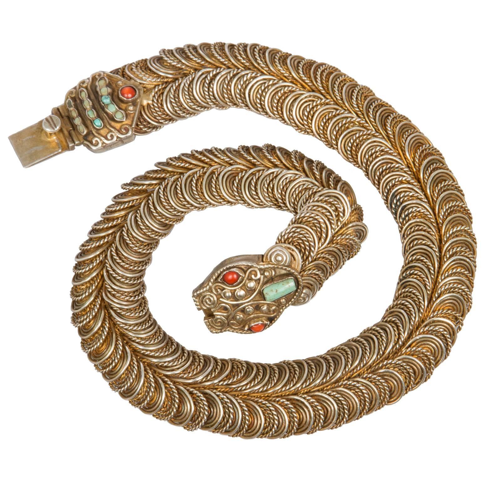 Matilde Poulat Turquoise Gilt Undulating Snake Necklace  For Sale