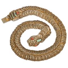 Retro Matilde Poulat Turquoise Gilt Undulating Snake Necklace 