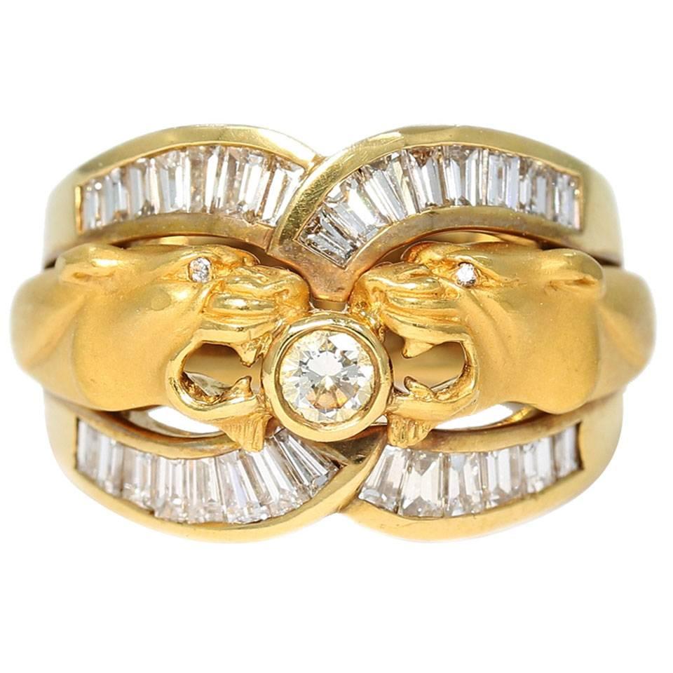 Carrera y Carrera Double Head Panther Yellow Gold Ring with Diamonds For Sale