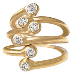 Three Shimmering White Diamond Matte Gold Open Stacking Band Rings