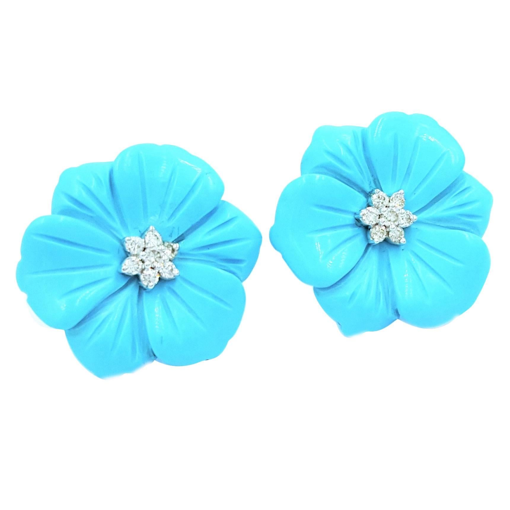 Adorable Hand Carved Persian Turquoise & Diamond Gold Flower Motif Stud Earrings