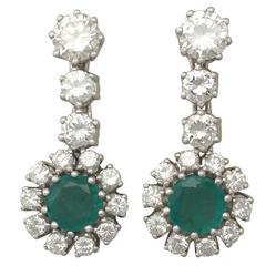 1960s 1.84 ct Emerald and 4.18 ct Diamond, 18k White Gold Drop Earring