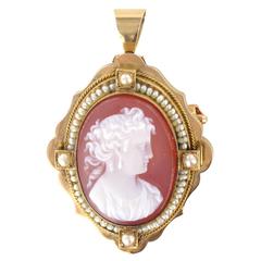 Antique Agate Cameo and Natural Pearls Brooch Pendant