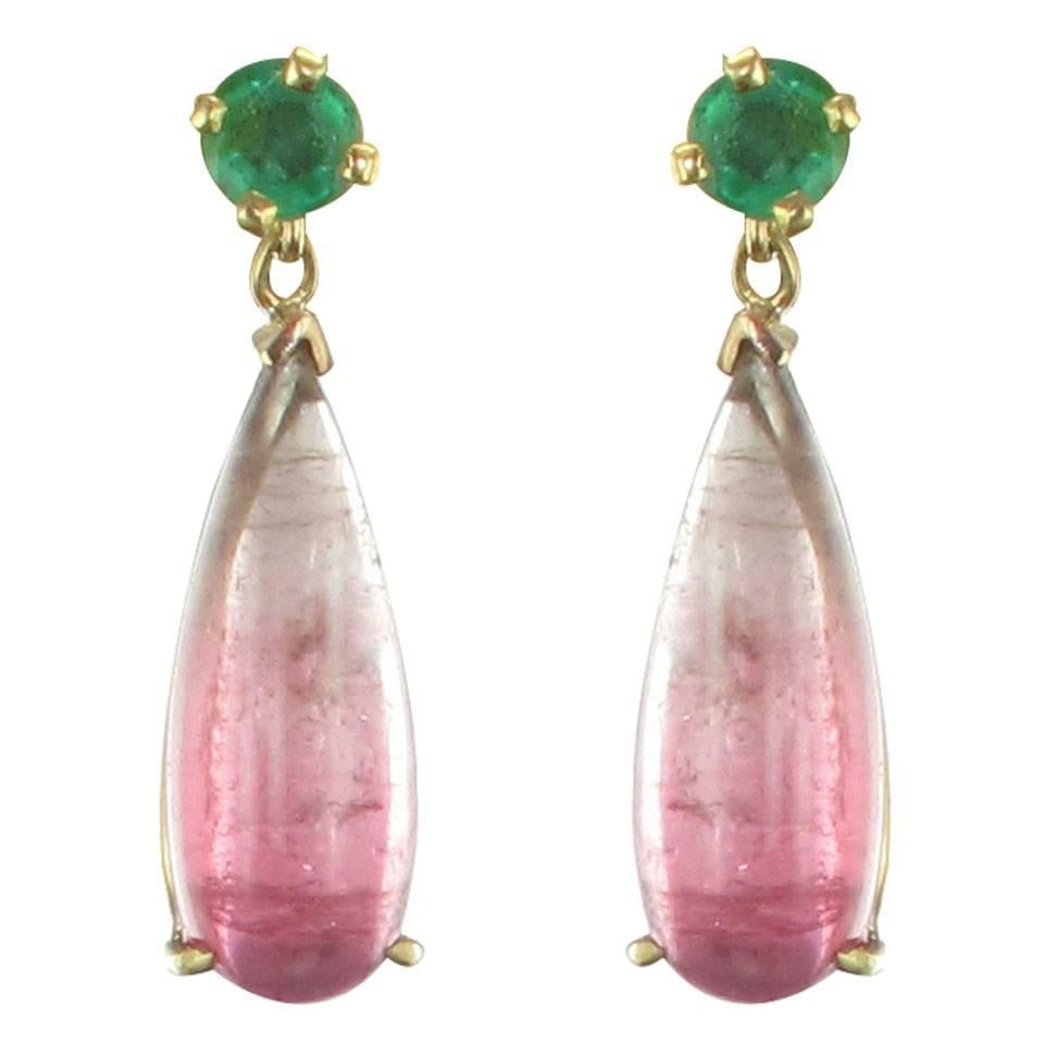 Tourmaline Emerald and Yellow Gold Teardrop Earrings