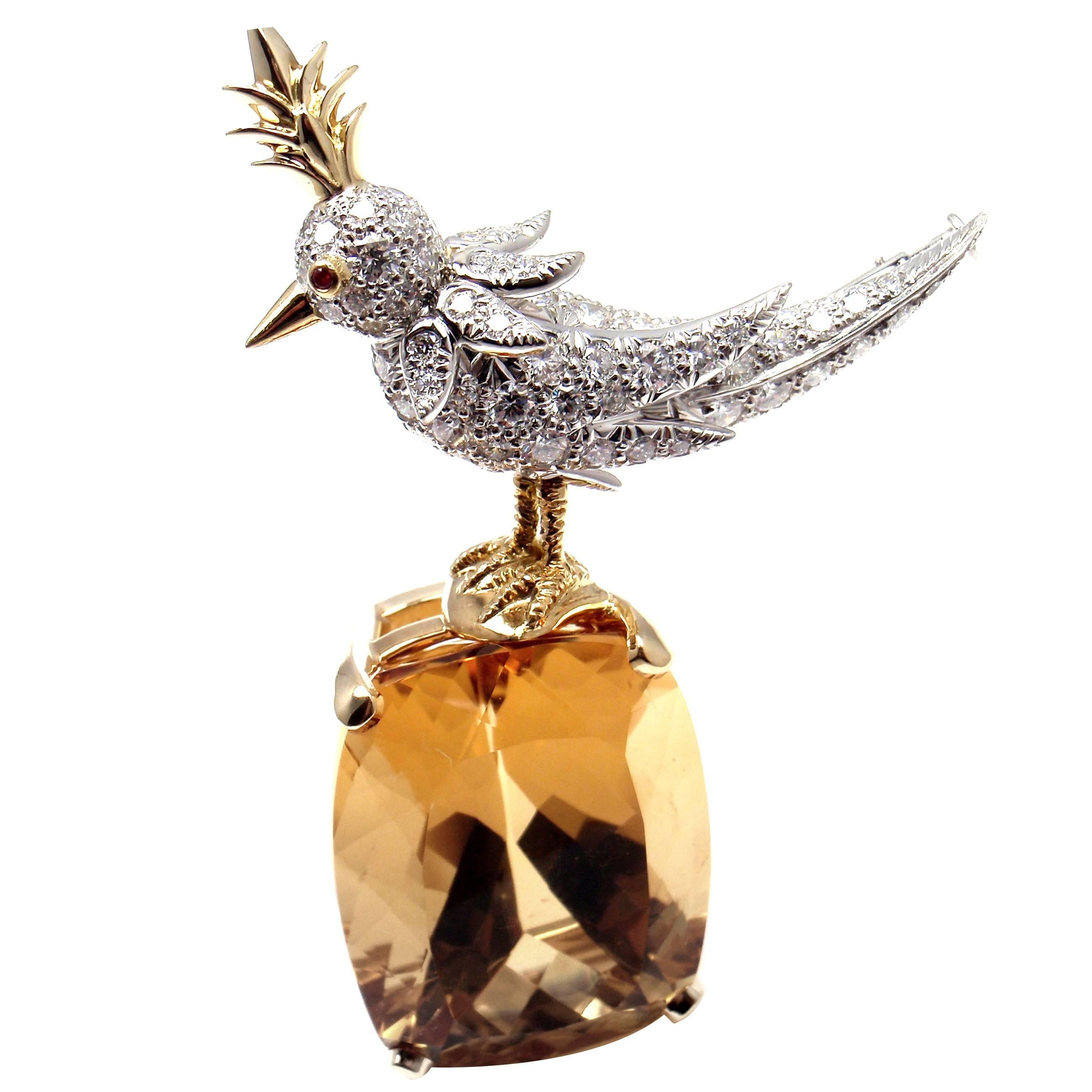Tiffany & Co. Schlumberger 56 Carat Citrine Diamond Gold Bird on a Rock Brooch