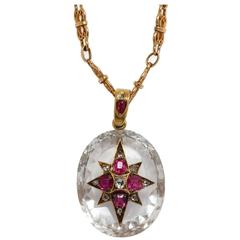 Striking Victorian Rock Crystal Ruby Diamond Gold Necklace