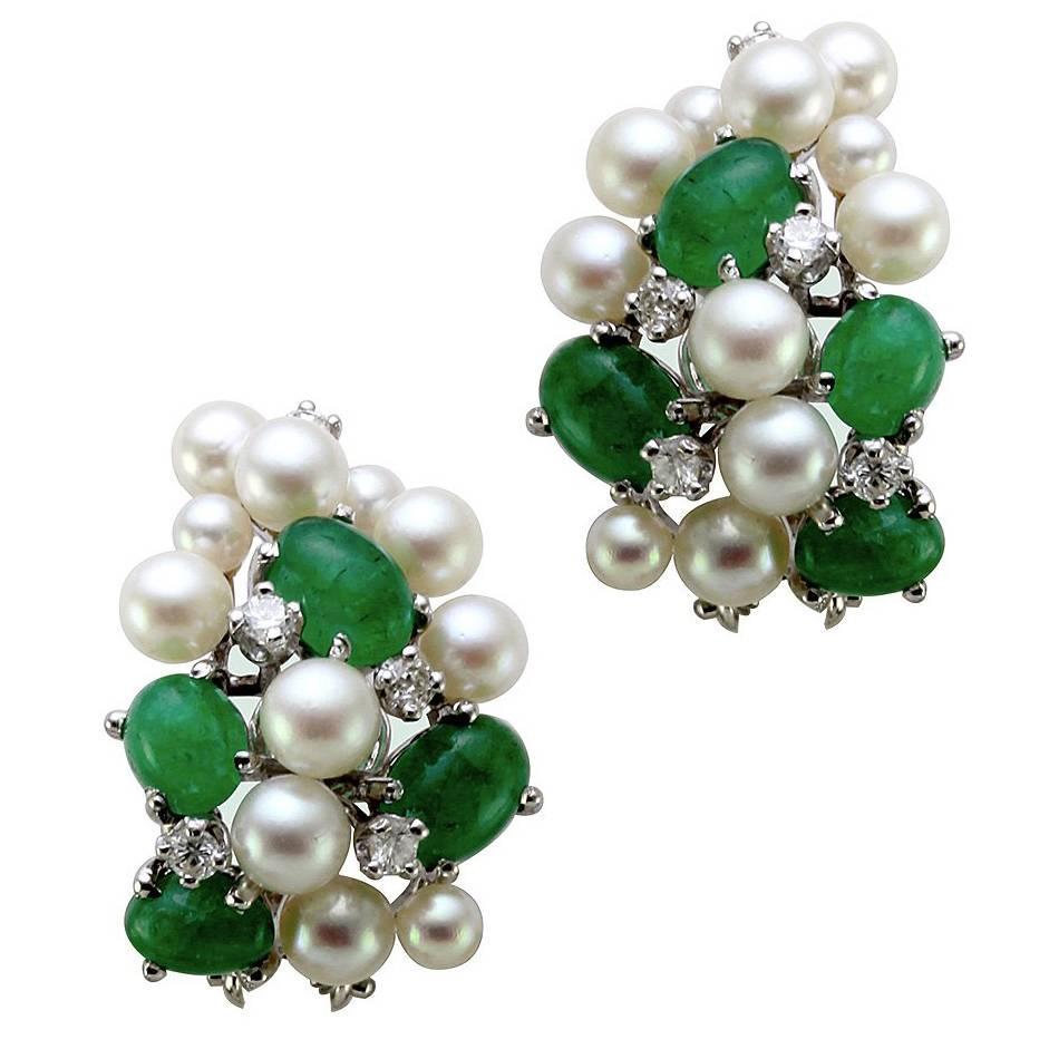 Pearl Emerald Gold Cluster Earrings with Diamond Accents For Sale