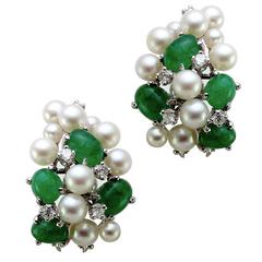 Pearl Emerald Gold Cluster Earrings with Diamond Accents