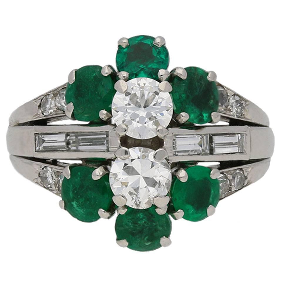1950s French Emerald Diamond Cluster Ring