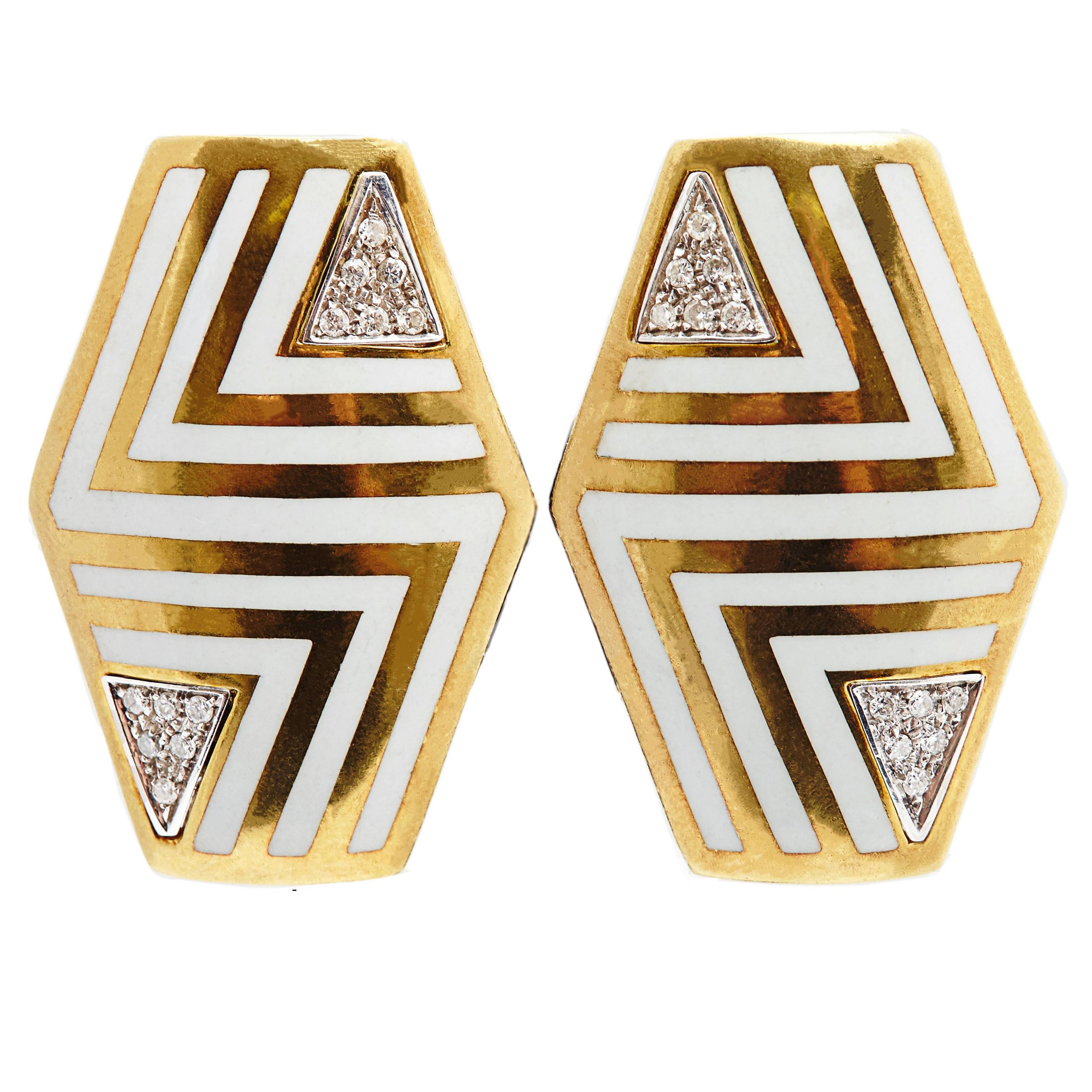 Italian Geometrical Enamel Diamond Earclips  For Sale