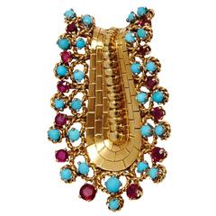 Van Cleef  & Arpels Paris Retro Turquoise Ruby Gold Brooch