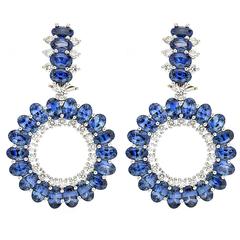 Single Circle Oval Sapphire Diamond Platinum Earrings 3