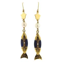 Cleto Munari Pearl Lapis Diamond Gold Fish Drop Earrings