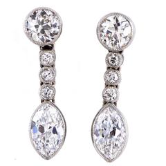 1920s Elegant Marquise Diamond Platinum Drop Earrings