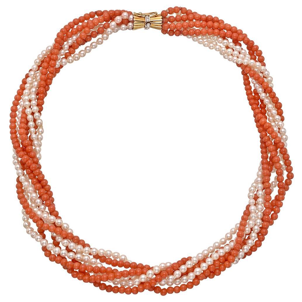 Coral Bead and Seed Pearl Torsade Necklace